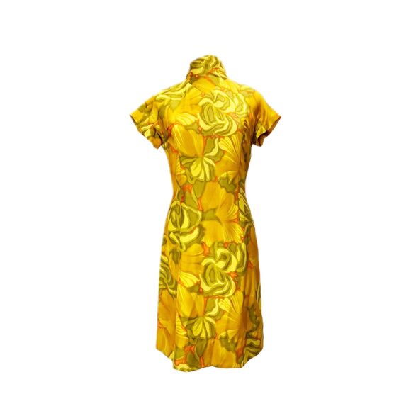 Mid-Century Modern Hand Painted Silk Funnel-Neck Sheath Midi Dress